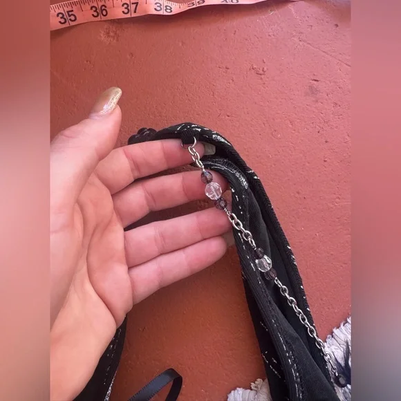 90s Vintage Fredricks of Hollywood Slinky Black Halter Dress w Beaded Chains - Picture 6 of 9